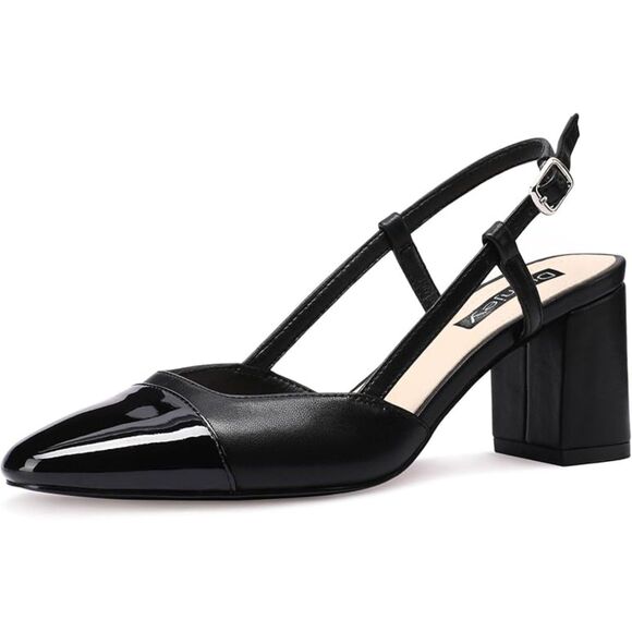 Dumjey Shoes - DUMJEY Black Sz 8 1/2 Faux Leather Slingback 2 Tone Close Toe Chunky Block Heels